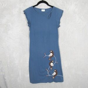 Synergy Womens Blue Organic Cotton Bird Embroidery Cap Sleeve Dress Medium Nepal